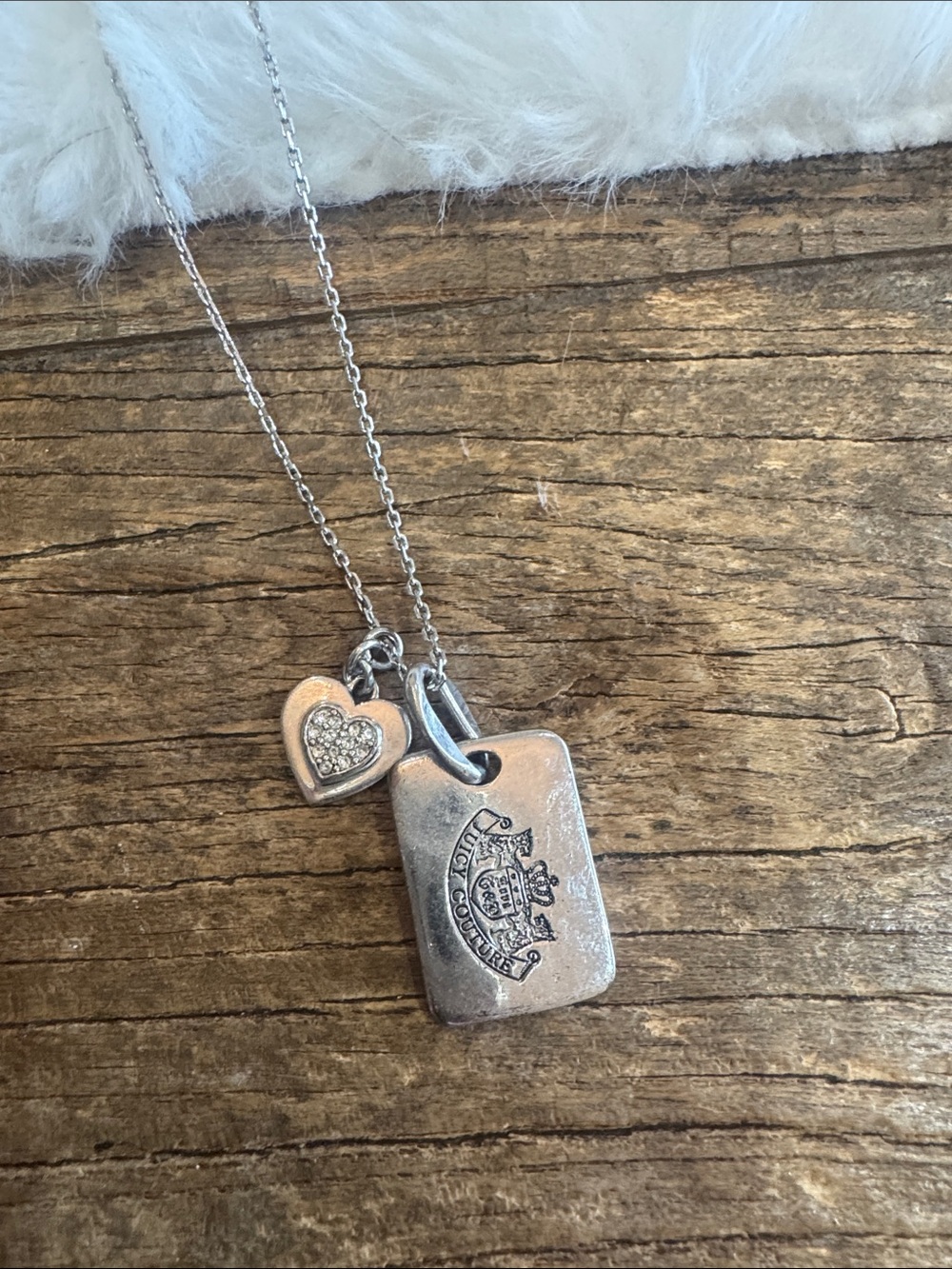 Vintage long Juicy Couture silver tone Necklace with  Heart and tag Charm